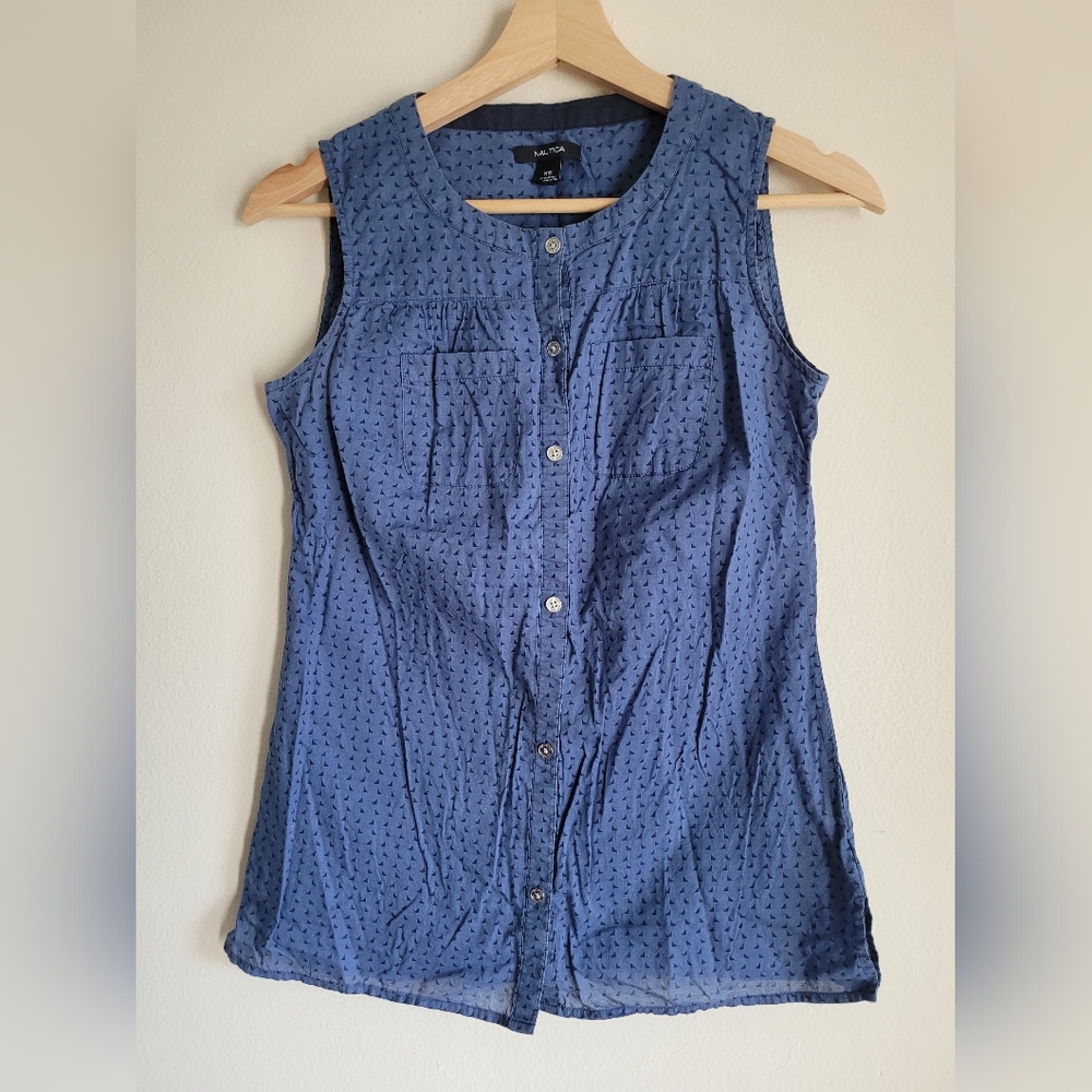 Nautica Blue Patterned Cotton Top